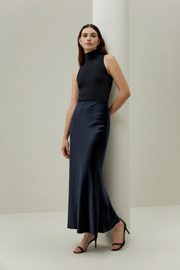 Double-Faced Silk Charmeuse Skirt - Navy
