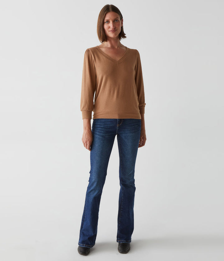 Gabriella V Neck 3/4  Sleeves Sweatshirt in Camel