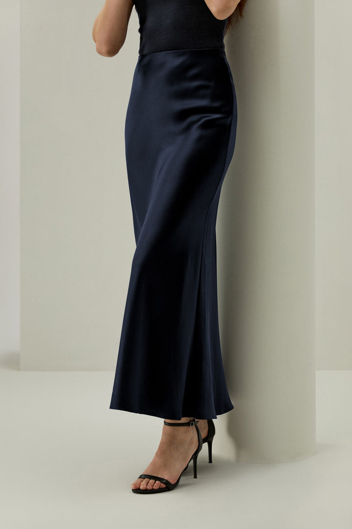 Double-Faced Silk Charmeuse Skirt - Navy