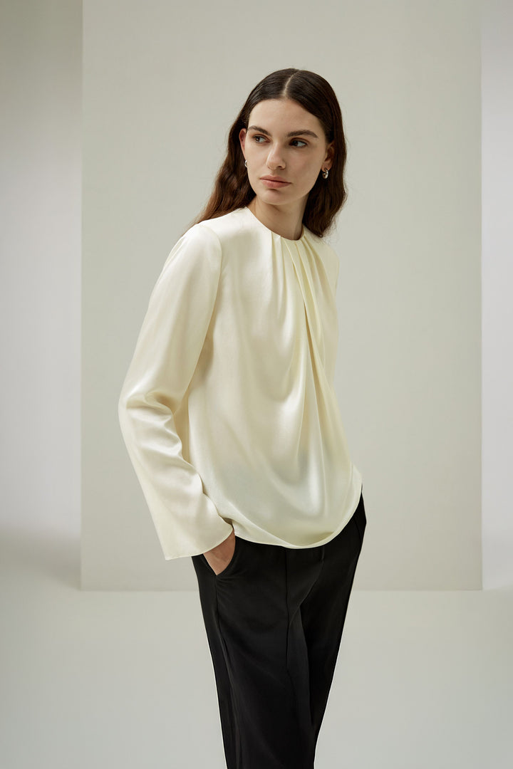Silk Ruched-Neck Top - Ivory