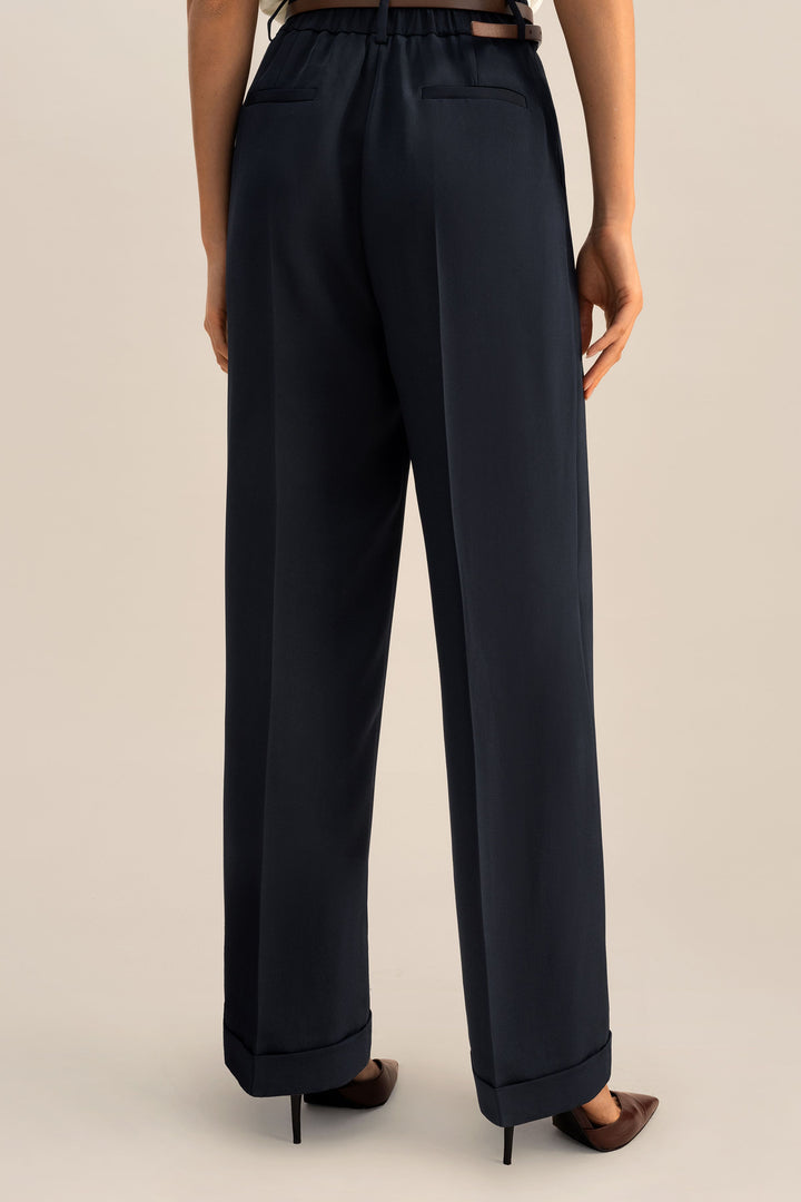 Timeless Pleated Wide-Leg Dense Silk Trousers - Midnight