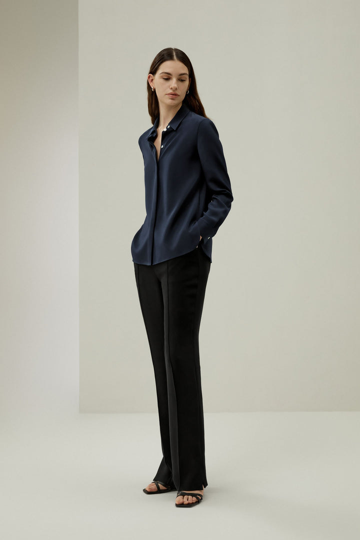 Graceful Button Up Silk Blouse - Midnight Blue