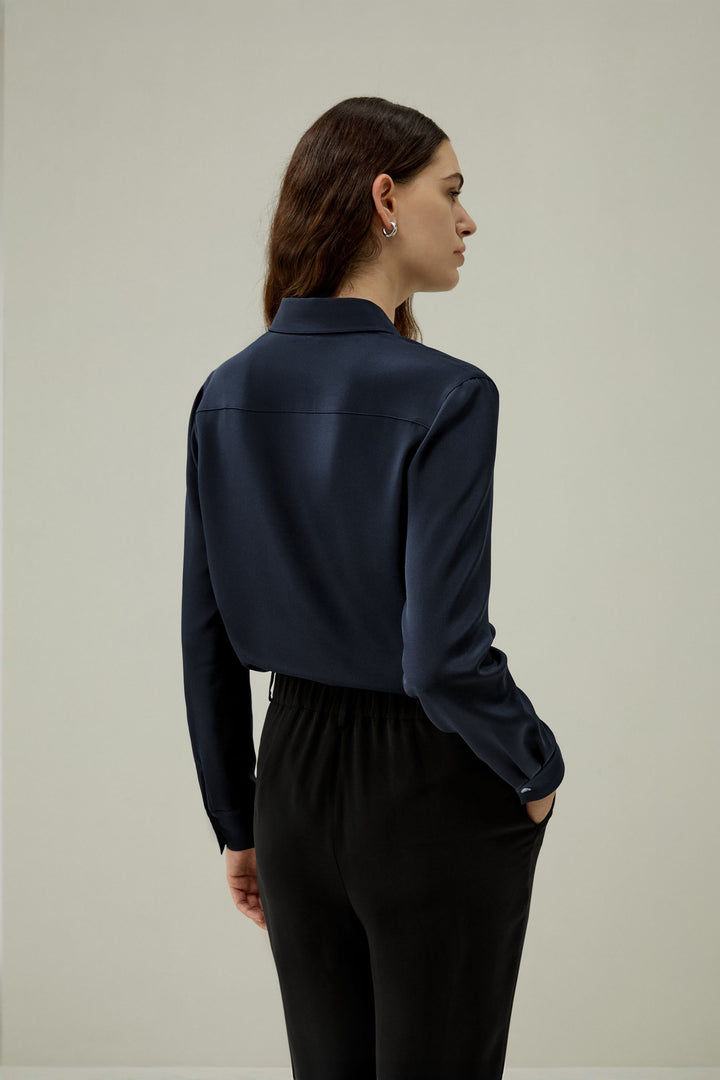 Graceful Button Up Silk Blouse - Midnight Blue