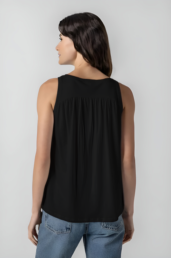 Shirred Back V-Neck Tank - Black
