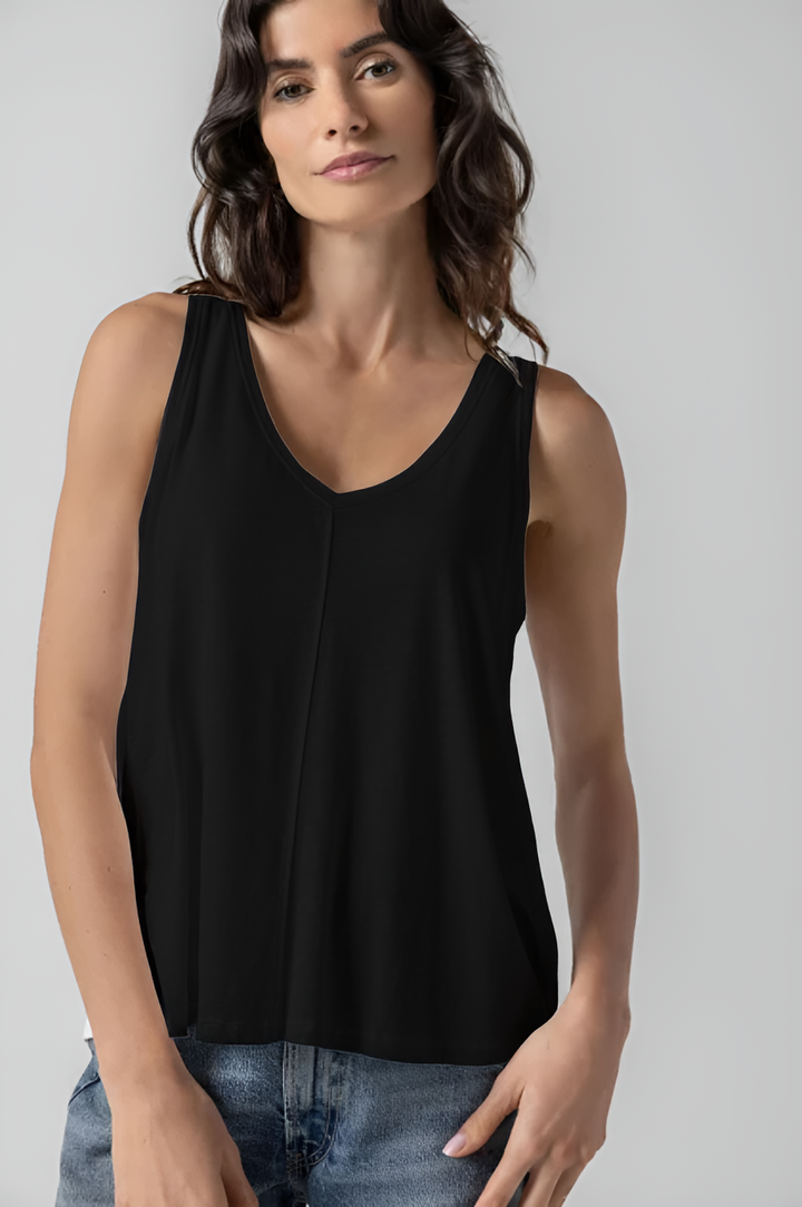 Shirred Back V-Neck Tank - Black