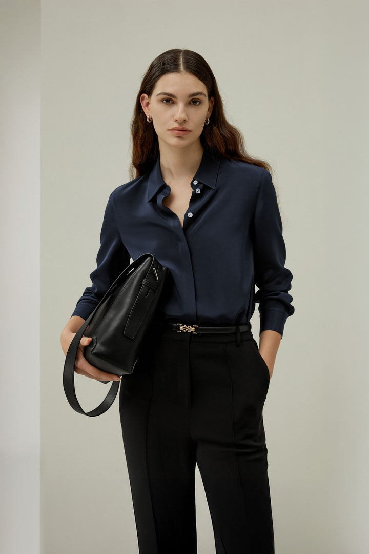 Graceful Button Up Silk Blouse - Midnight Blue