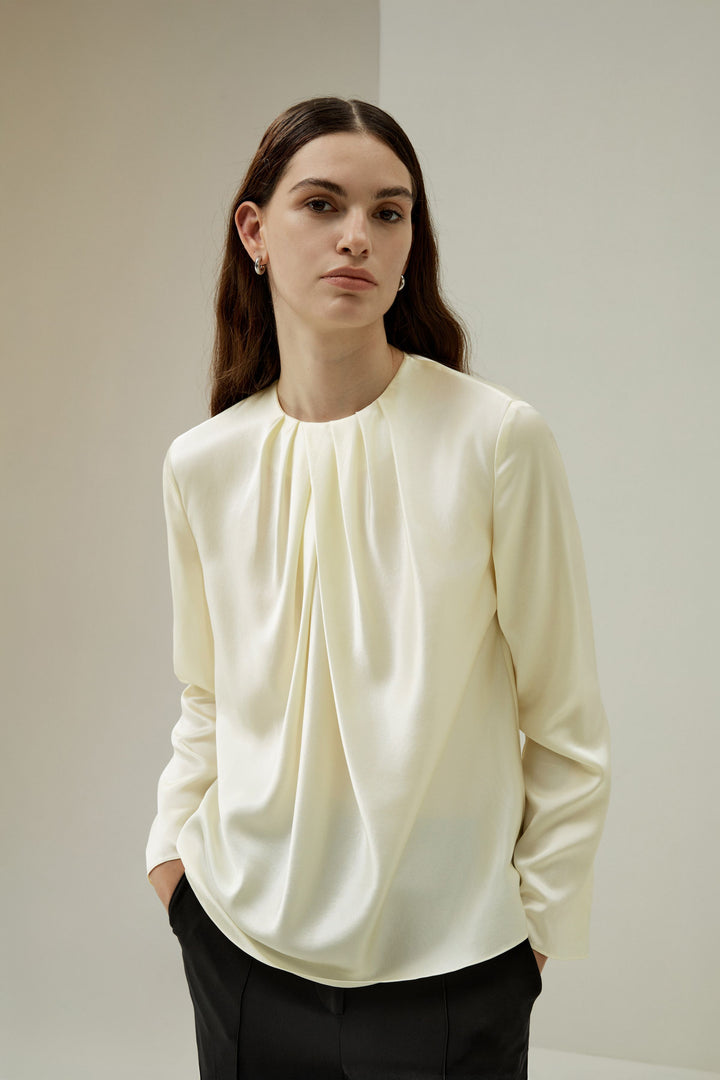 Silk Ruched-Neck Top - Ivory