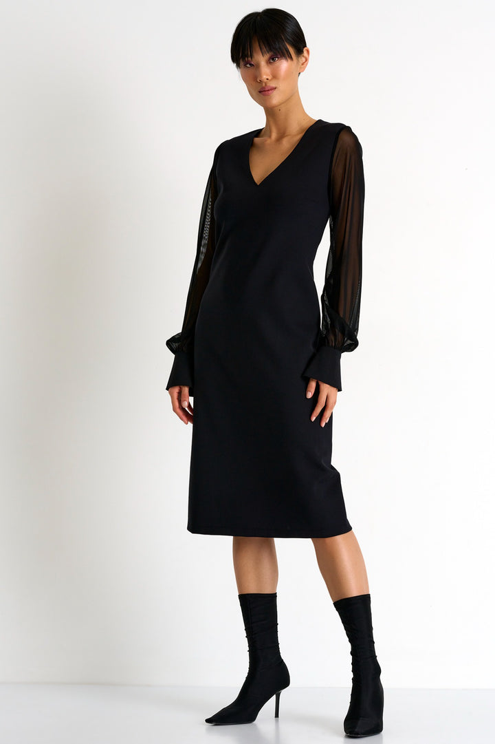 V Neck Scuba Dress with Sheer
