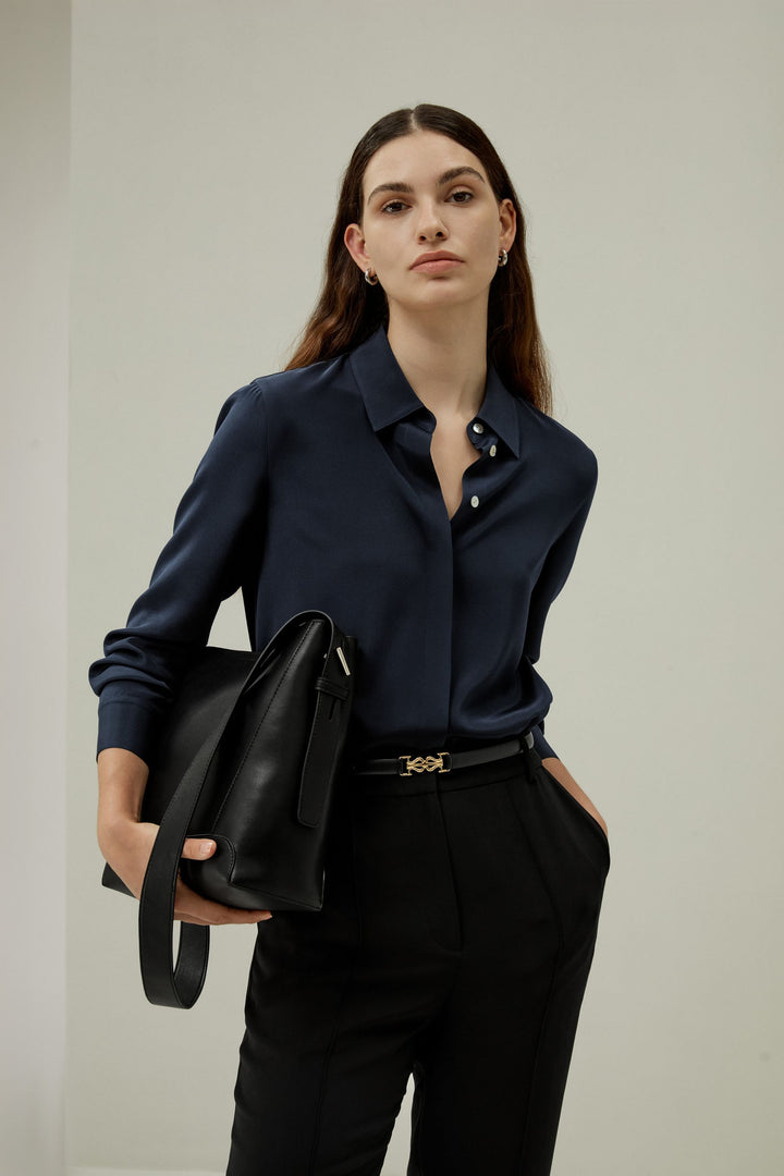 Graceful Button Up Silk Blouse - Midnight Blue