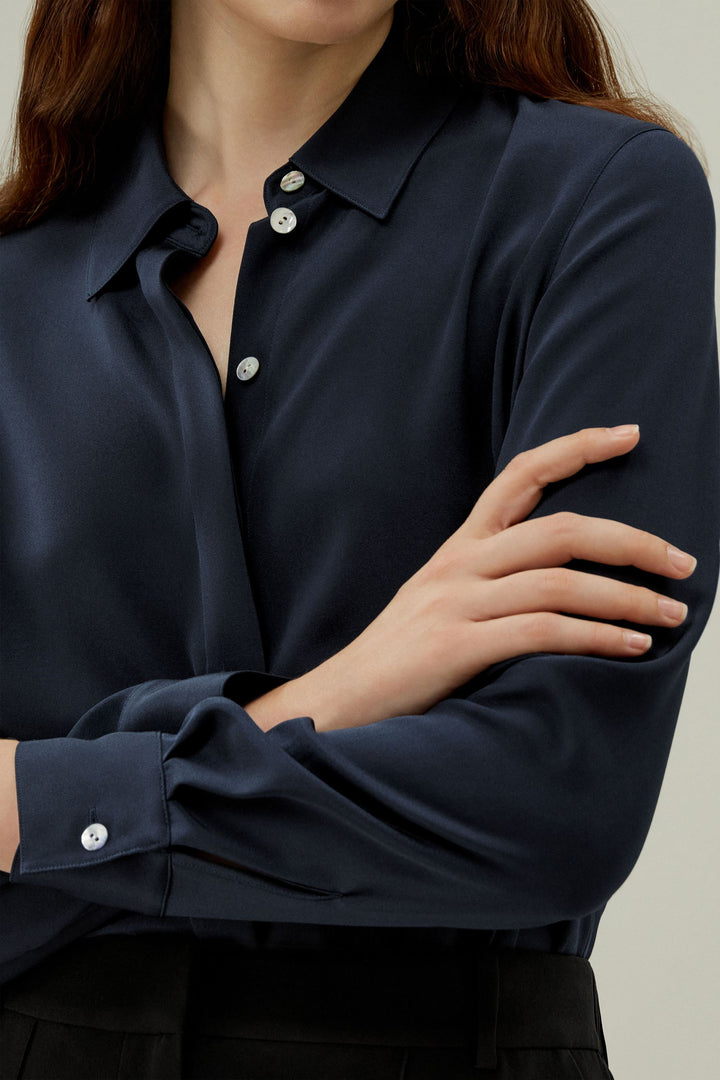 Graceful Button Up Silk Blouse - Midnight Blue
