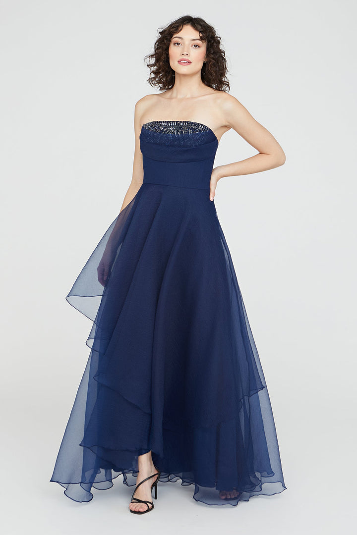 Aubrey Asymmetric Organza Gown - Navy