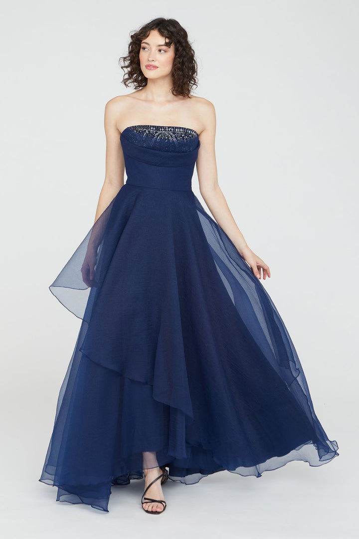 Aubrey Asymmetric Organza Gown - Navy