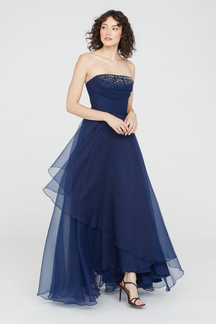 Aubrey Asymmetric Organza Gown - Navy
