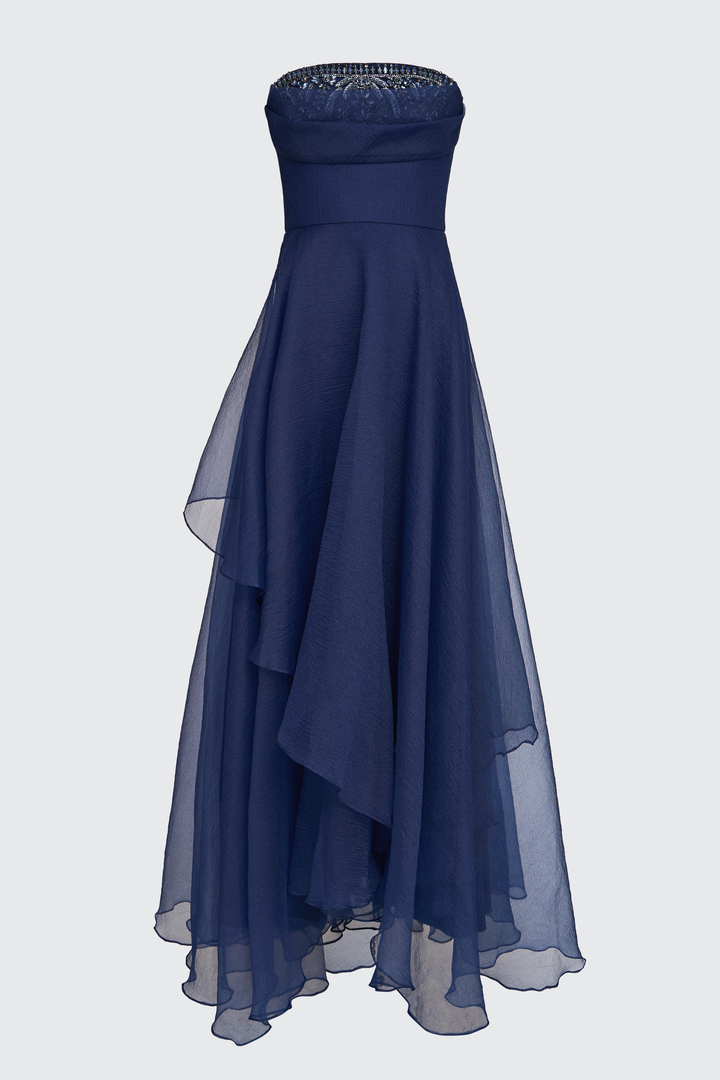 Aubrey Asymmetric Organza Gown - Navy