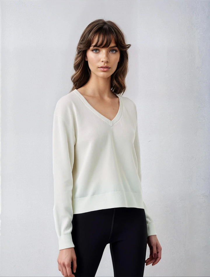 Organic Cotton Blend Rib Trim V Neck - White
