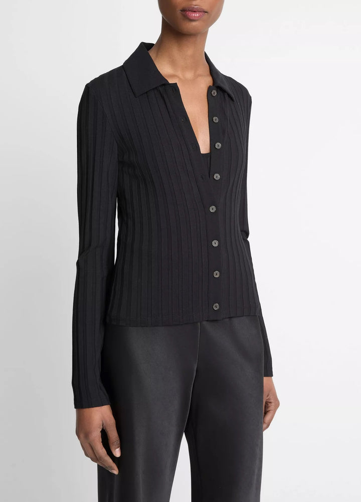 Ribbed Collared Long-Sleeve Button-Front Top