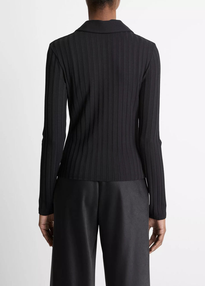 Ribbed Collared Long-Sleeve Button-Front Top