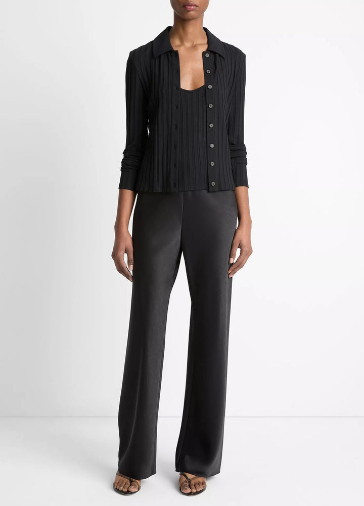 Ribbed Collared Long-Sleeve Button-Front Top