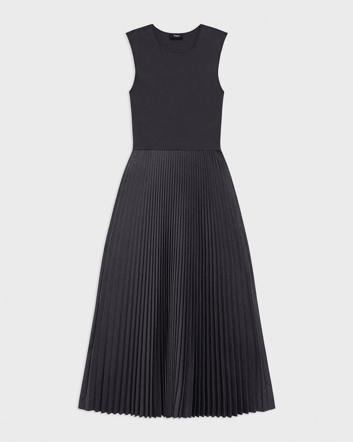 Pleated Combo Dress in Stretch Wool-Blend