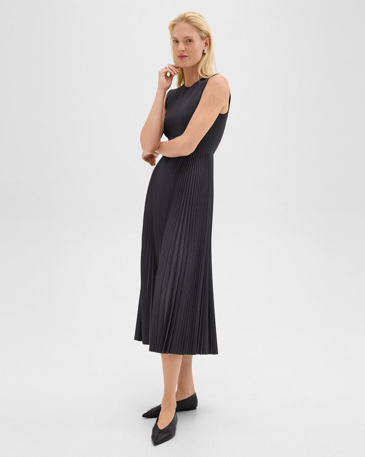 Pleated Combo Dress in Stretch Wool-Blend