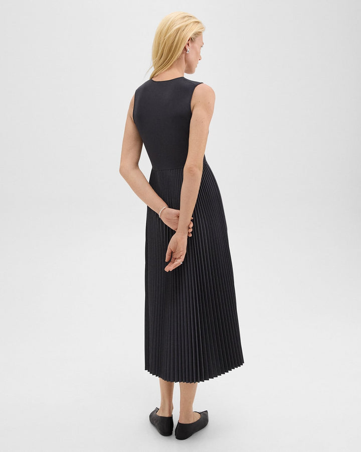 Pleated Combo Dress in Stretch Wool-Blend