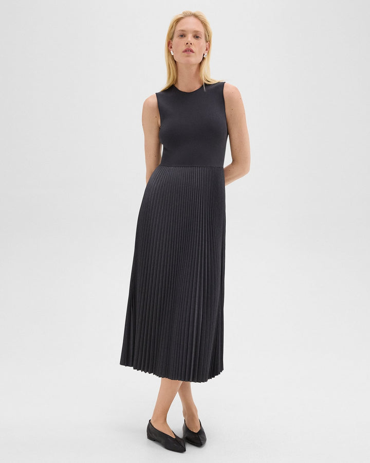 Pleated Combo Dress in Stretch Wool-Blend