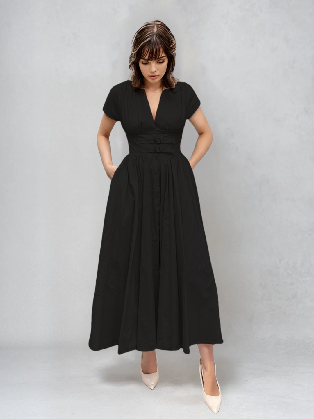 Short Sleeves Double Buckle Dress - Nero