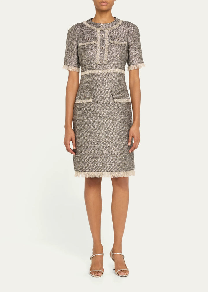 Fringe-Trim Metallic Tweed Dress