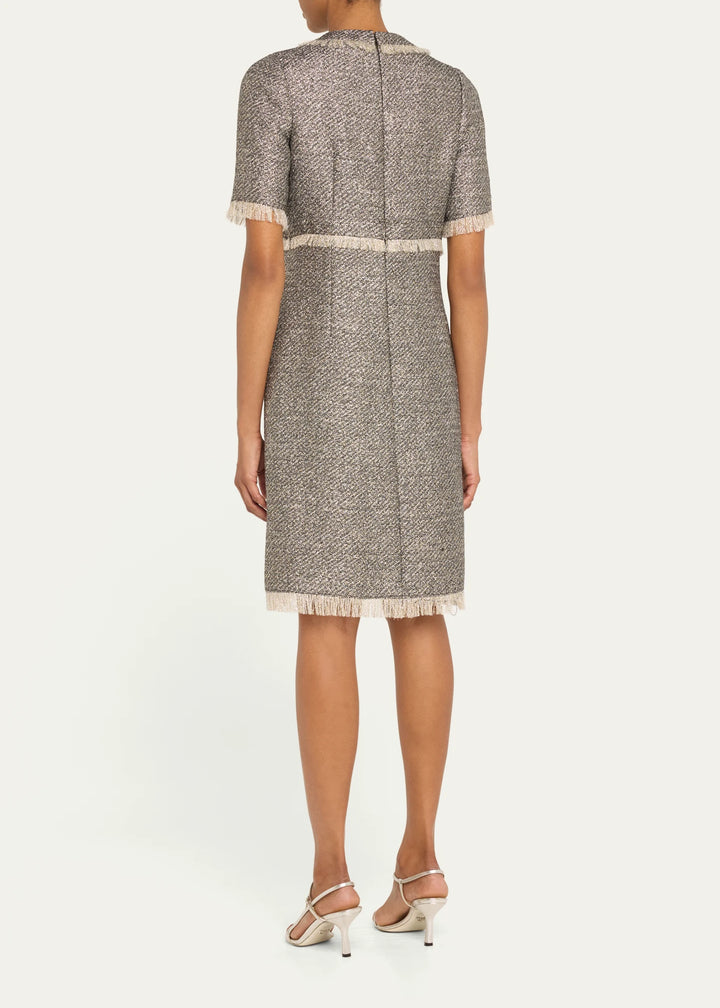 Fringe-Trim Metallic Tweed Dress