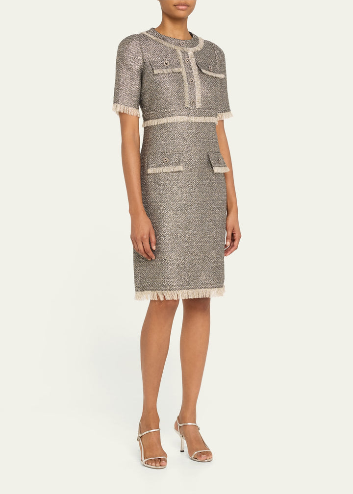 Fringe-Trim Metallic Tweed Dress