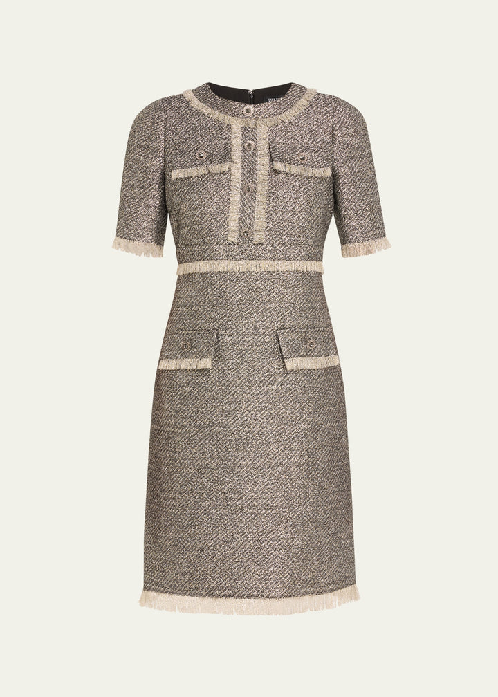 Fringe-Trim Metallic Tweed Dress