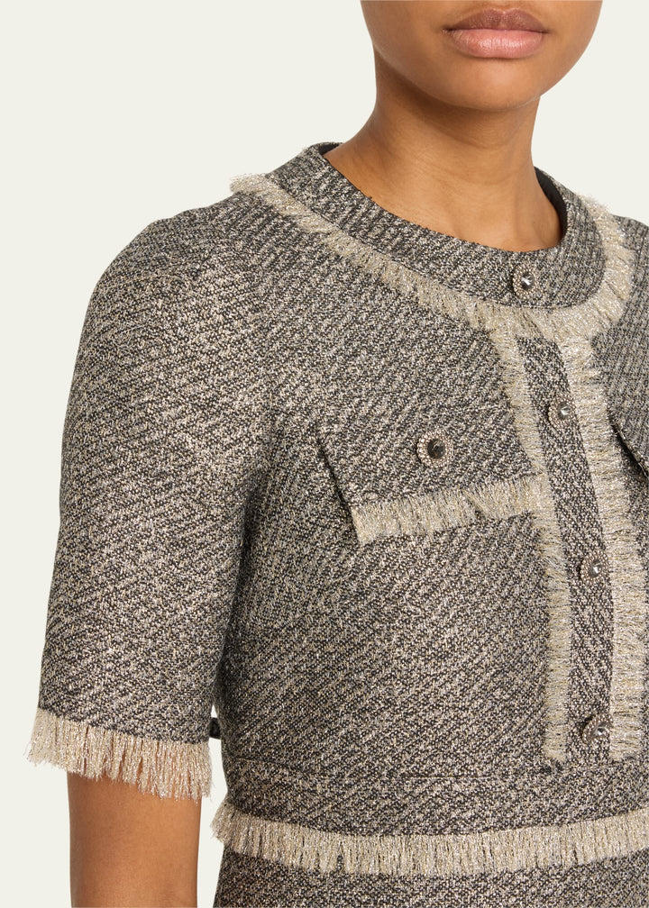 Fringe-Trim Metallic Tweed Dress