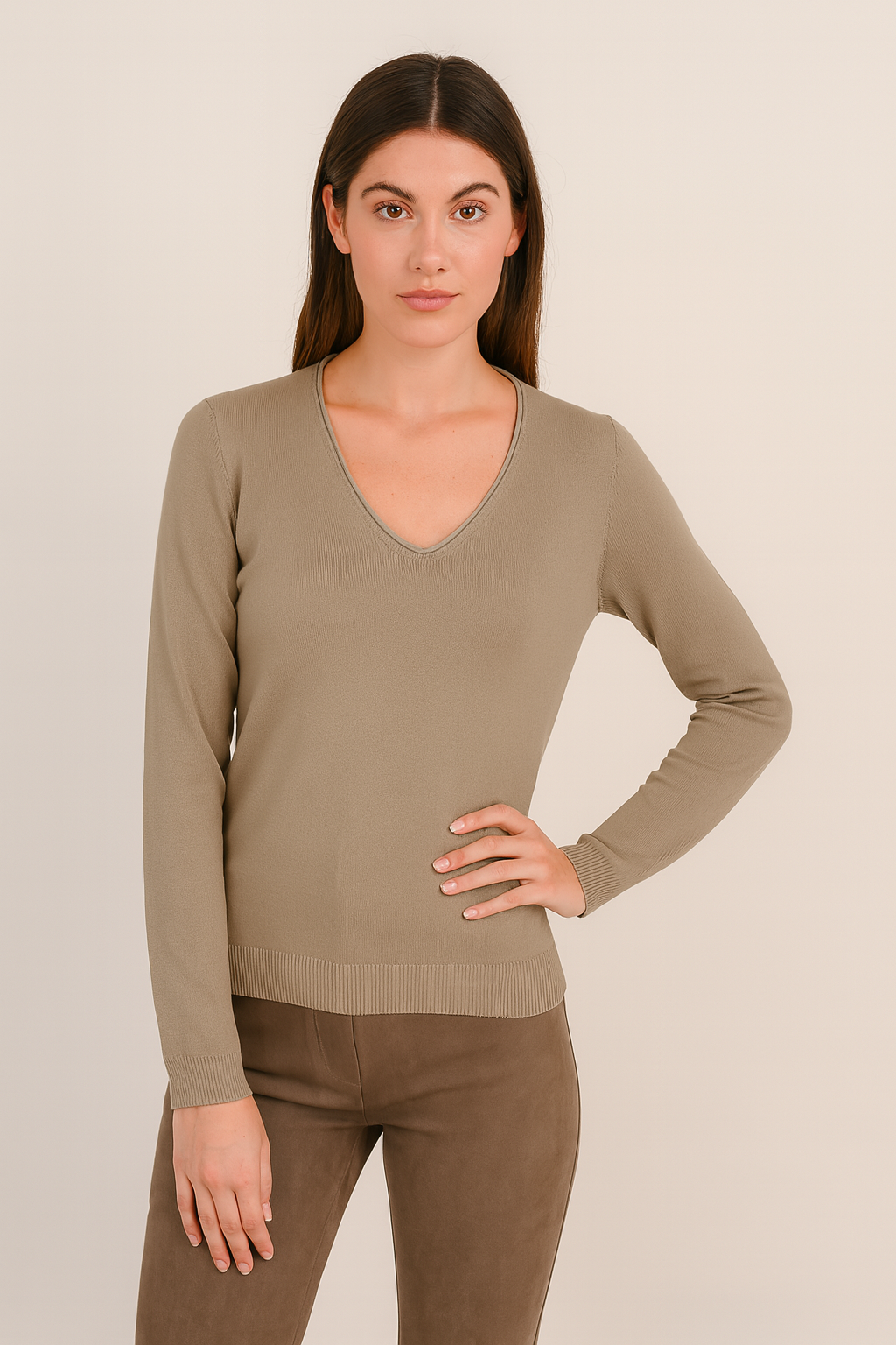 V Neck Sweater - Khaki