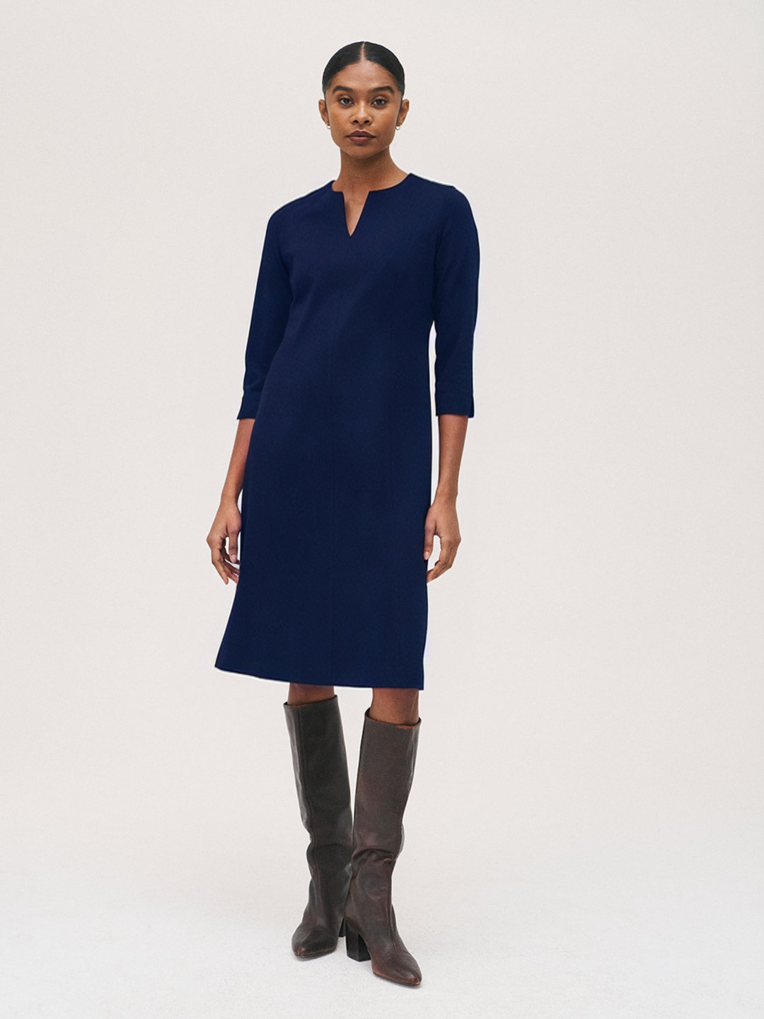 Split Neck 3/4 Sleeve Dress - Navy