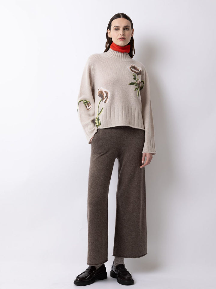 Pullover with Flower Embroidery - Taupe