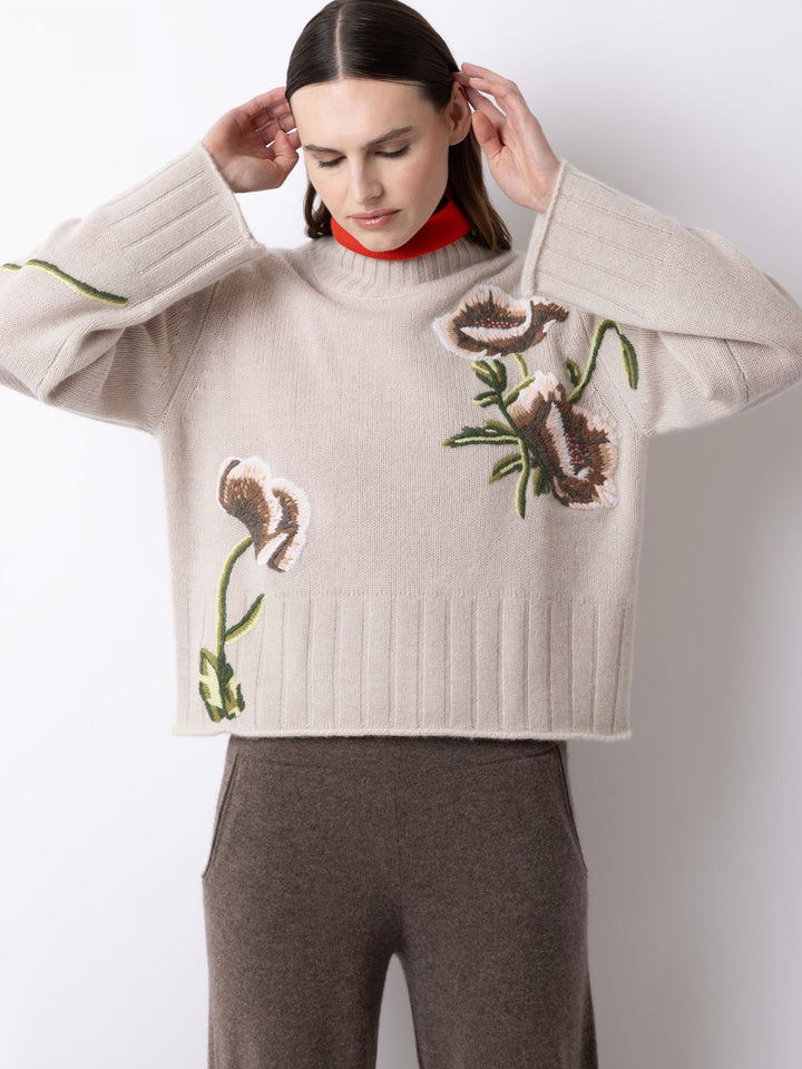 Pullover with Flower Embroidery - Taupe