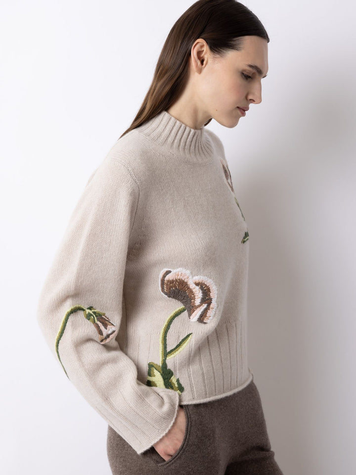 Pullover with Flower Embroidery - Taupe