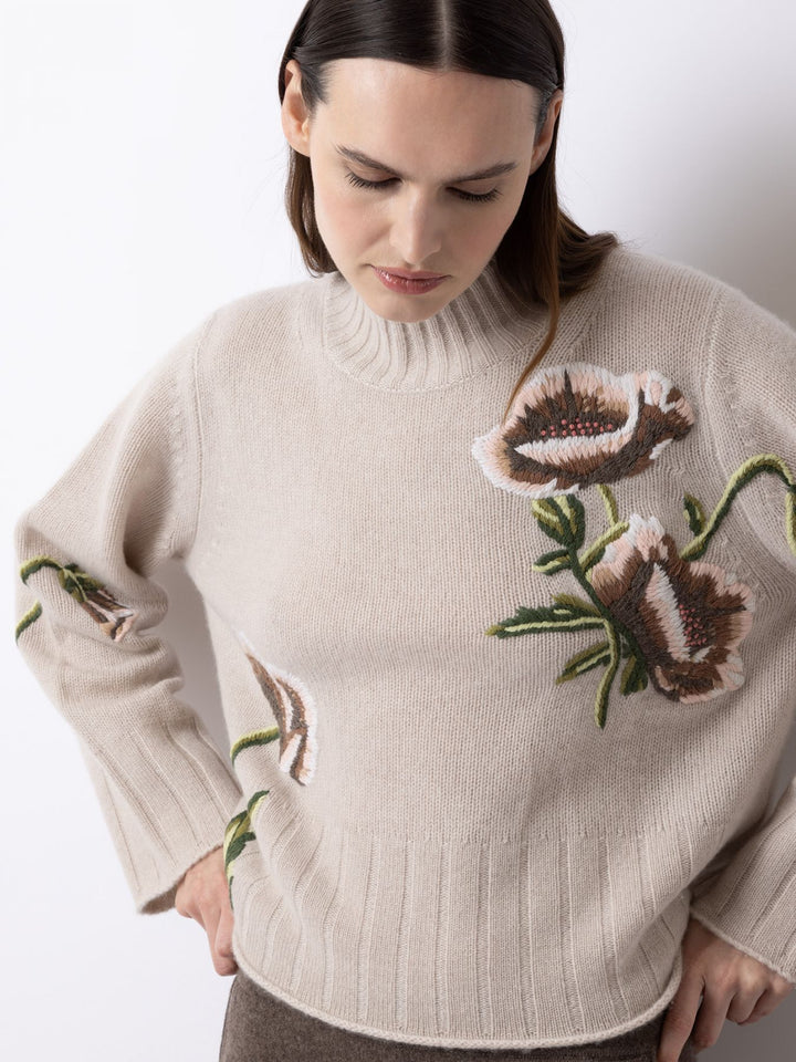 Pullover with Flower Embroidery - Taupe