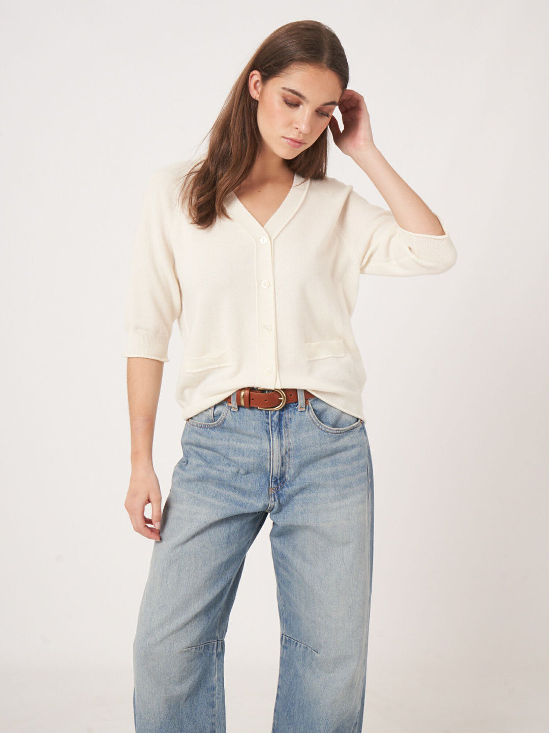 Cashmere Cardigan with Raglan Sleeves - Cream