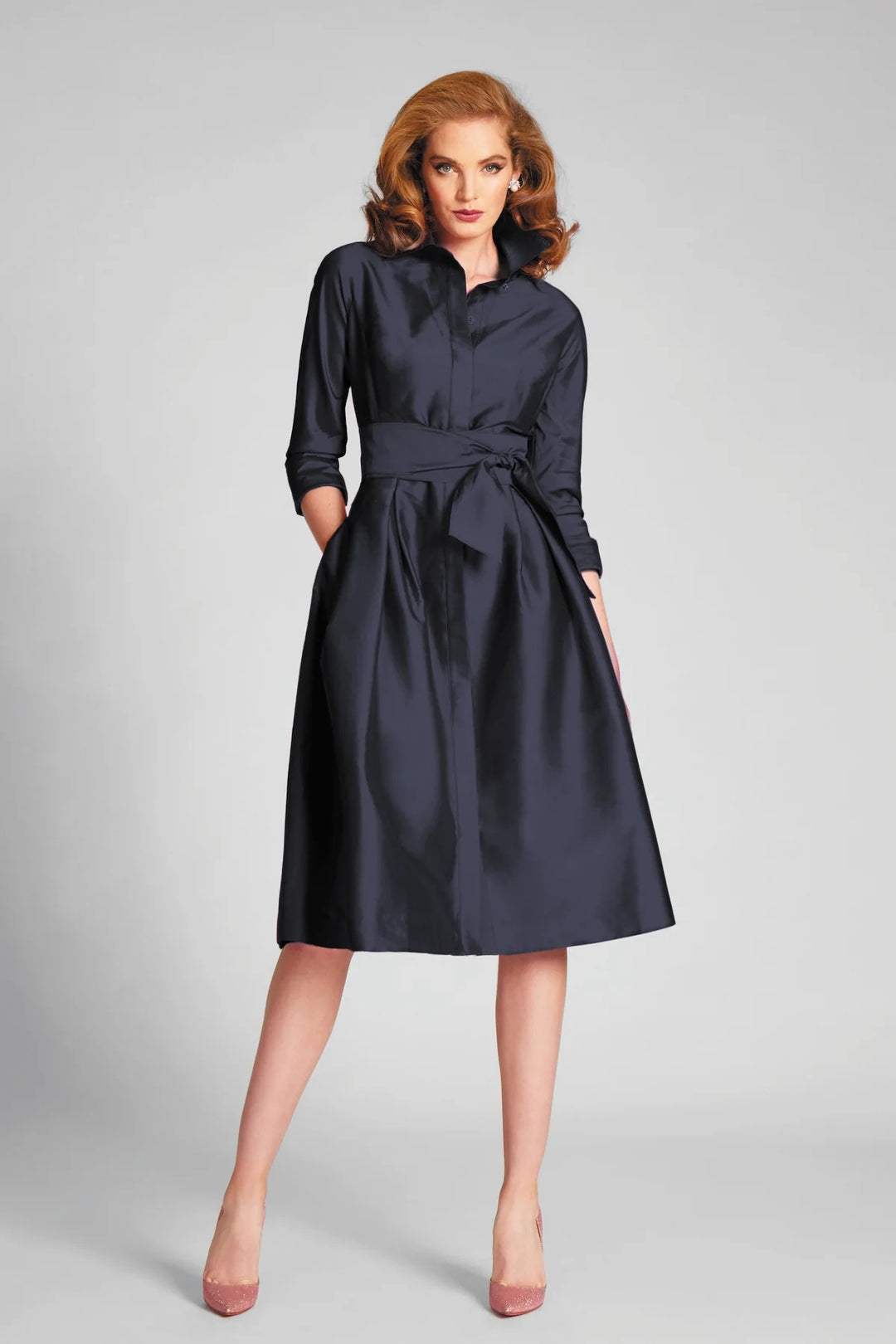 3/4 Sleeve Belted Taffeta Shirt Dress – LIANA NYC