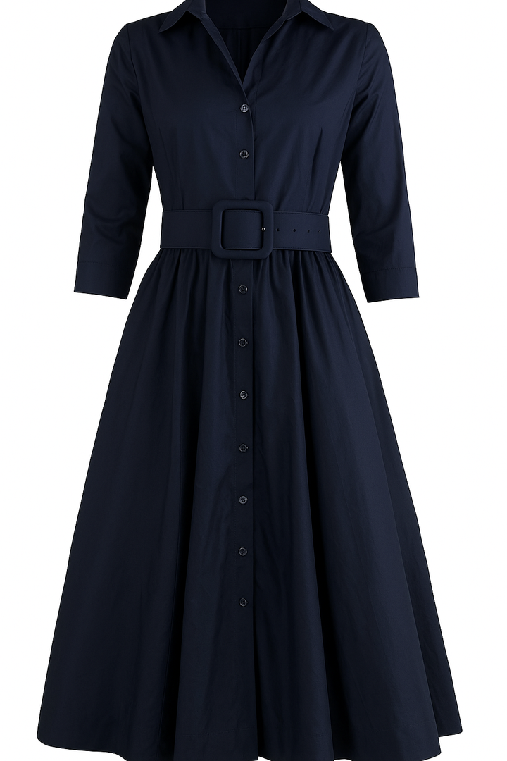 Terry Dress Shirt Collar 3/4 Sleeve Midi Plus Length Silk Taffeta