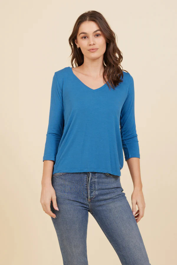 Soft Touch 3/4 Sleeve Pleat Back V-Neck in Marine