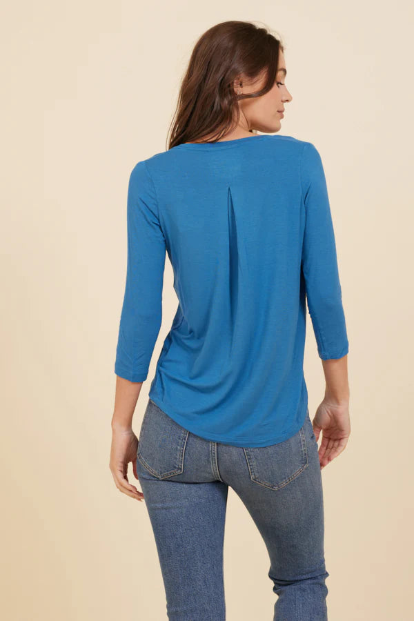 Soft Touch 3/4 Sleeve Pleat Back V-Neck in Marine