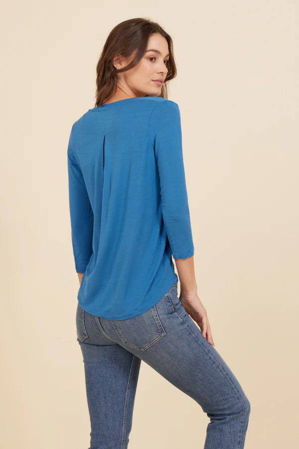 Soft Touch 3/4 Sleeve Pleat Back V-Neck in Marine