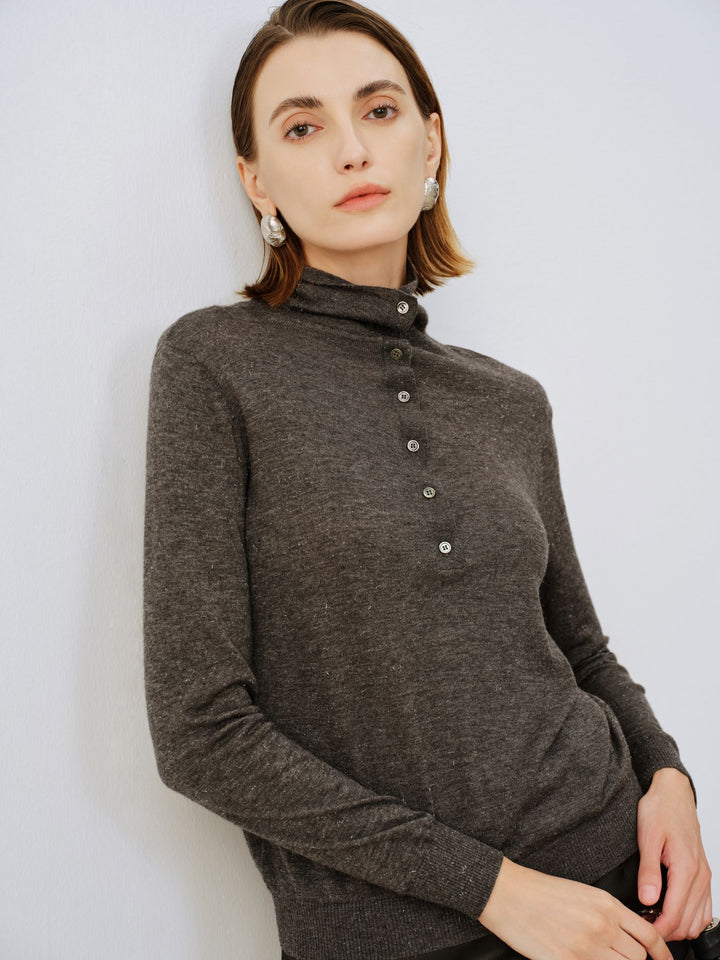 Wool-Cashmere Metallic Henley Sweater