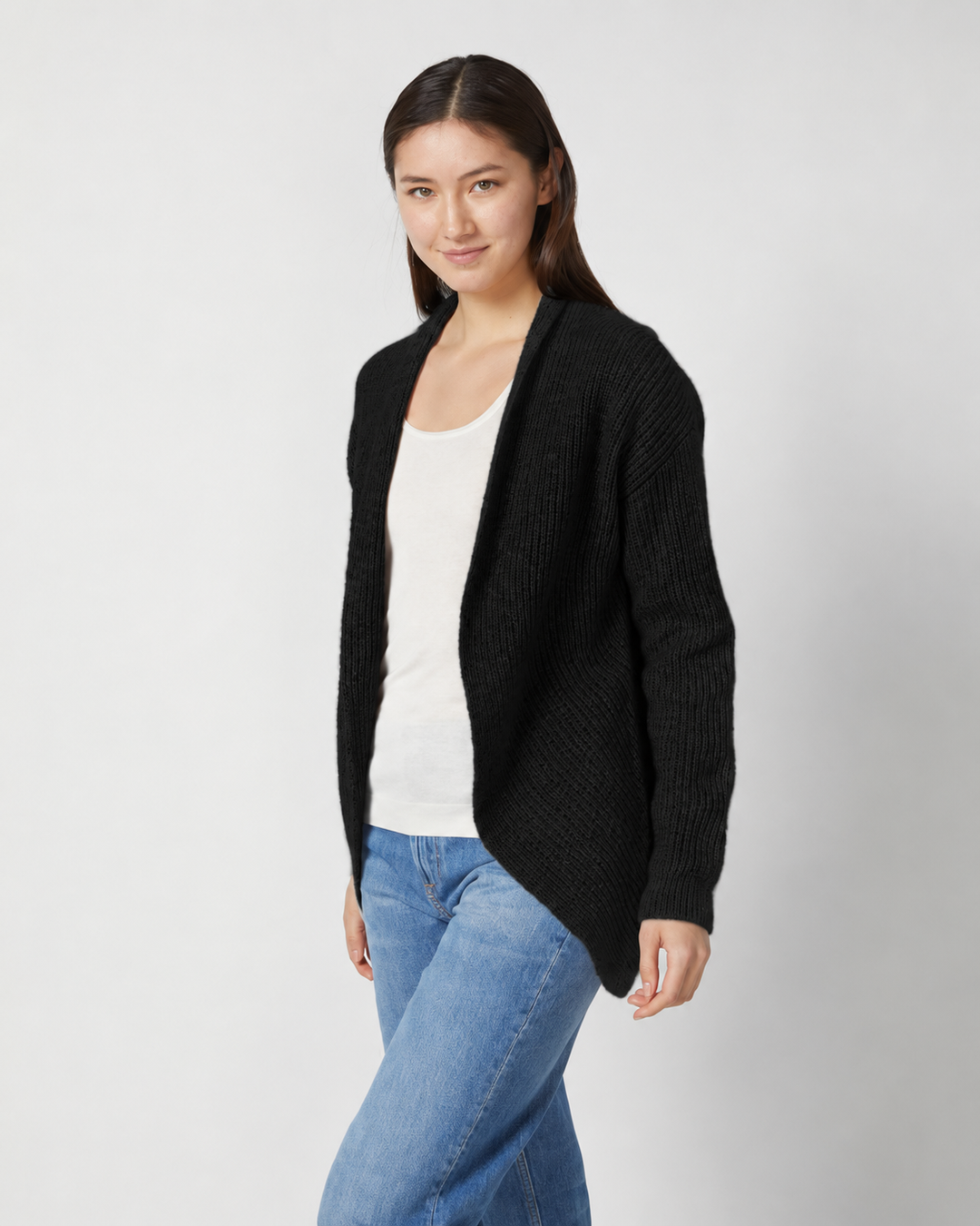Shawl Curve Hem Cardigan - Black