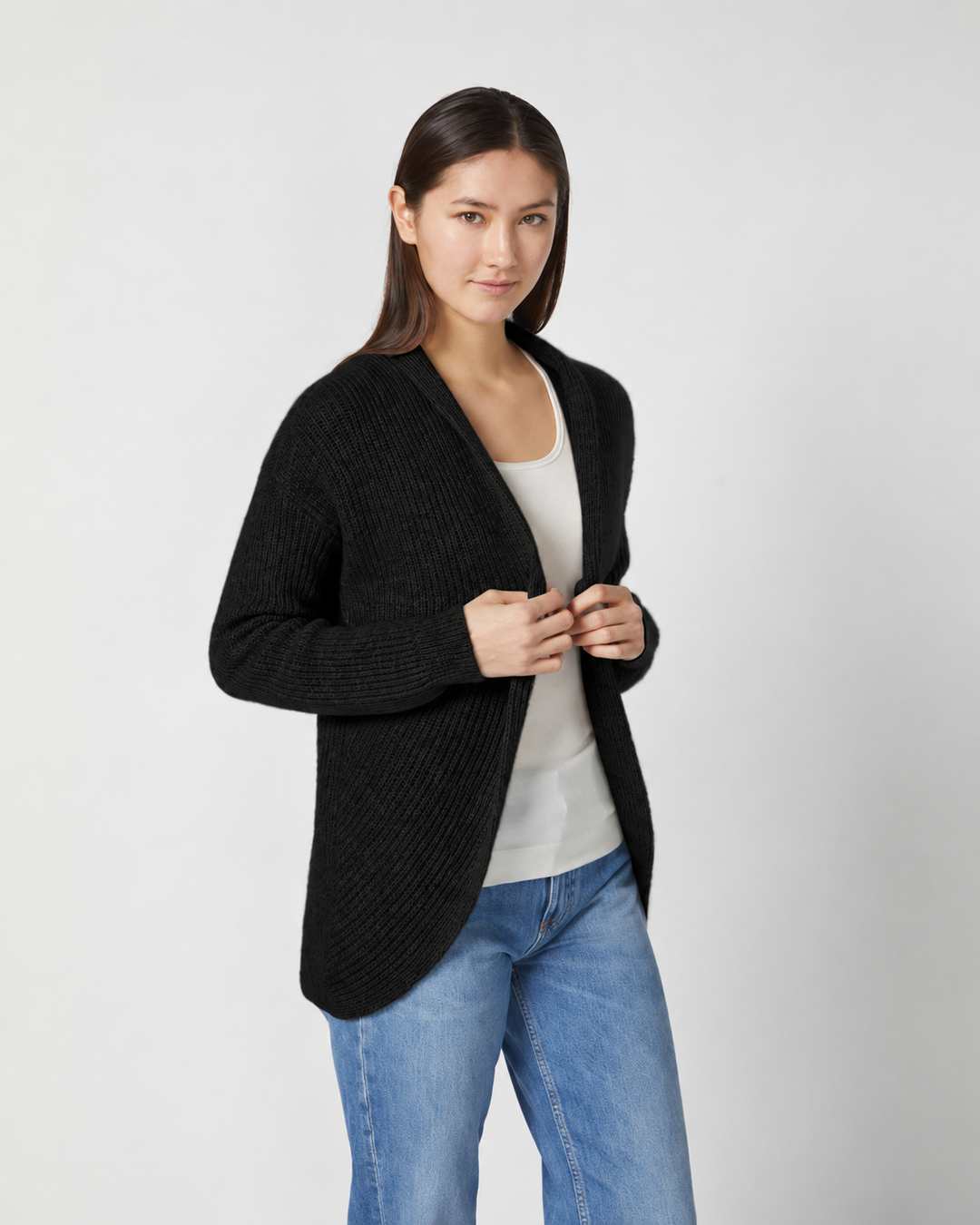 Shawl Curve Hem Cardigan - Black