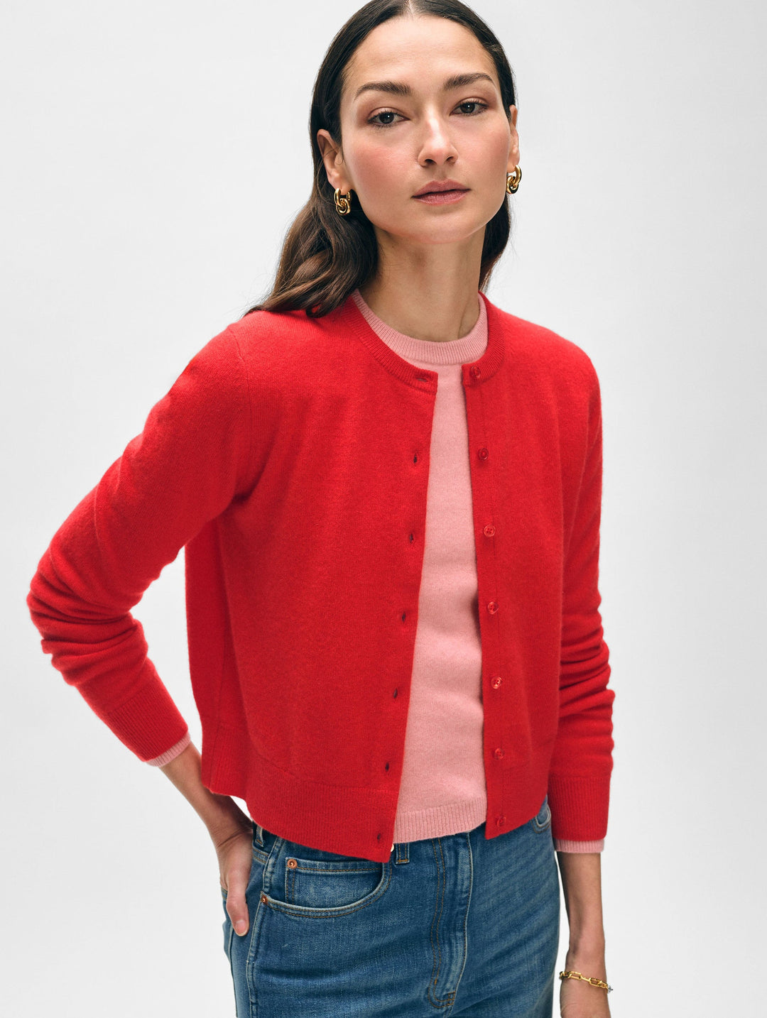 Cashmere Crewneck Cardigan - Dessert Red