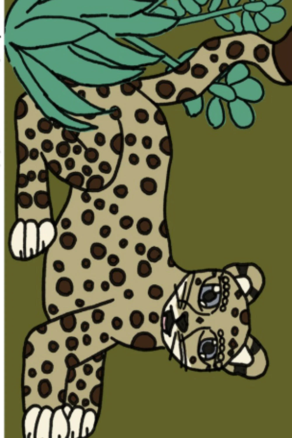 Cartoon jaguar climbing a tree on a green background