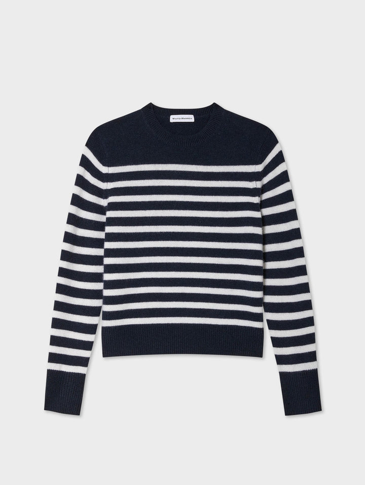 Cashmere Striped Crew Neck - Deep Navy / Soft White